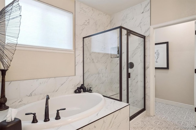 1026 Deer Clover Way, Castle Pines, CO 80108 - bathroom with a bath, a shower stall, and baseboards