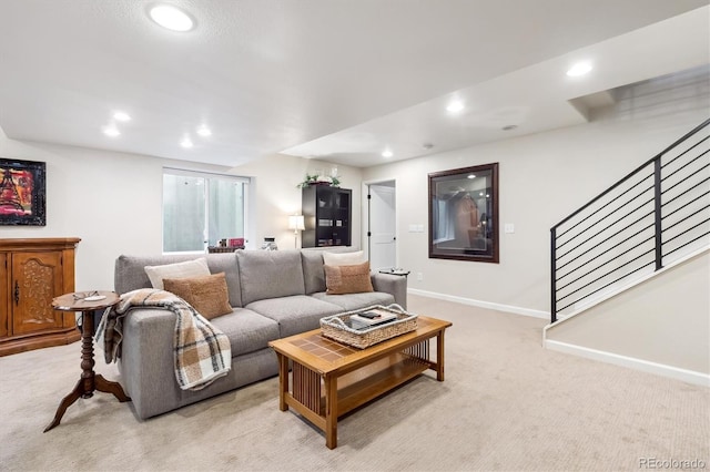 1026 Deer Clover Way, Castle Pines, CO 80108 - living area featuring light carpet, recessed lighting, stairway, and baseboards