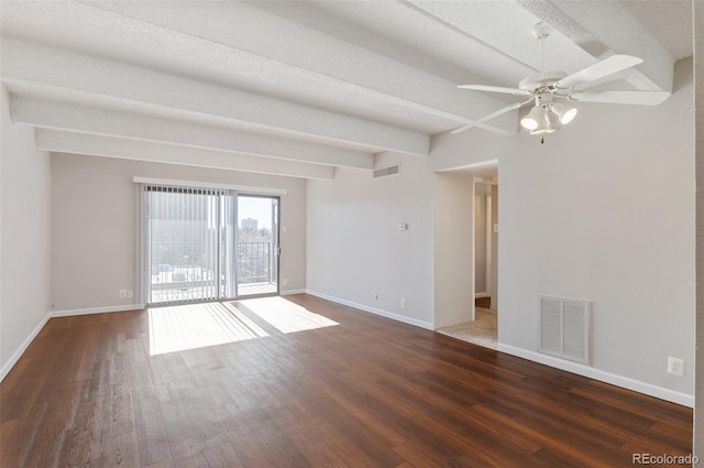 unfurnished room featuring dark wood-type flooring, beam ceiling, visible vents, and baseboards