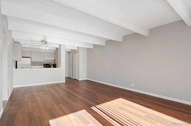 unfurnished living room featuring dark wood finished floors, beamed ceiling, baseboards, and ceiling fan