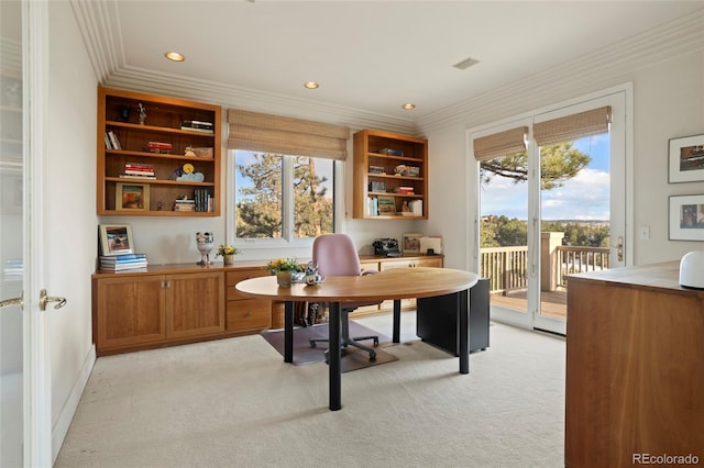 carpeted office featuring plenty of natural light and crown molding