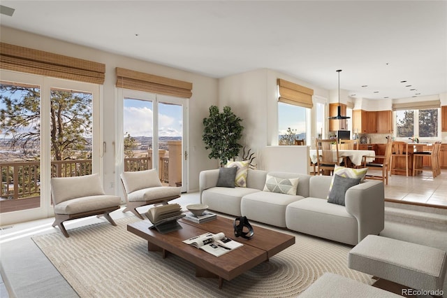 tiled living room featuring a healthy amount of sunlight