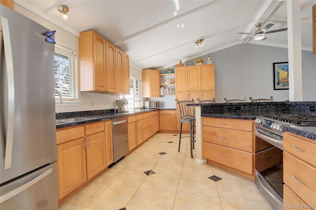 kitchen with light tile patterned floors, open shelves, vaulted ceiling with beams, a sink, and stainless steel appliances