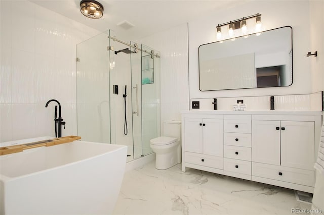 full bath featuring double vanity, a stall shower, a freestanding bath, toilet, and marble finish floor