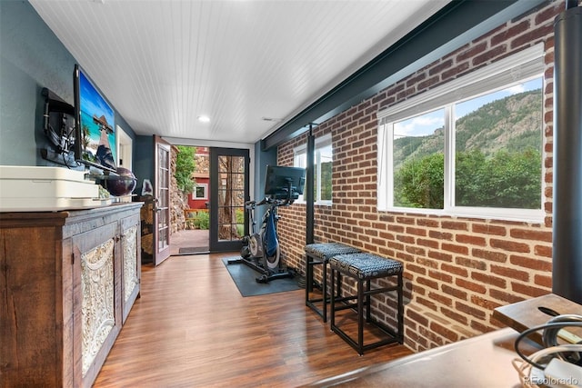 2874 SE Grapevine Rd, Idledale, CO 80453 - workout room featuring brick wall, wood finished floors, and recessed lighting