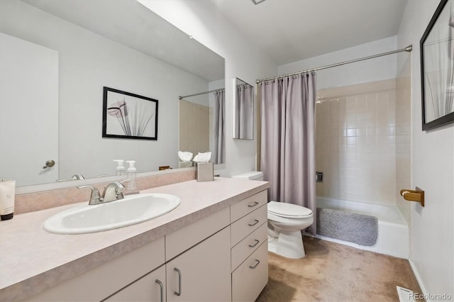 bathroom with toilet, visible vents, shower / bath combo with shower curtain, and vanity