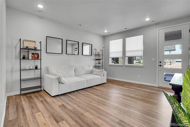 8728 Hotchkiss St, Littleton, CO 80125 - living area with light wood-style flooring, baseboards, and recessed lighting