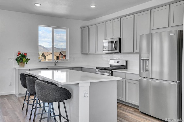 8728 Hotchkiss St, Littleton, CO 80125 - kitchen with appliances with stainless steel finishes, gray cabinetry, a sink, light wood-style floors, and recessed lighting