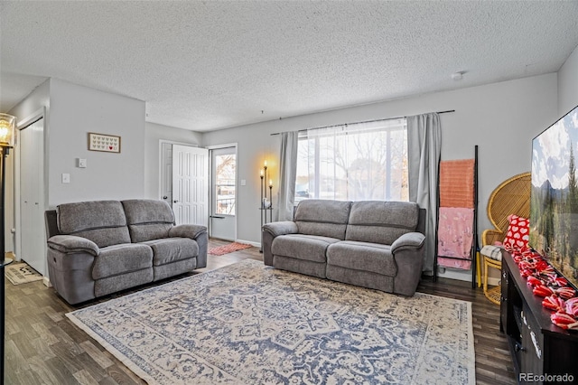 living room featuring a textured ceiling and dark hardwood / wood-style flooring