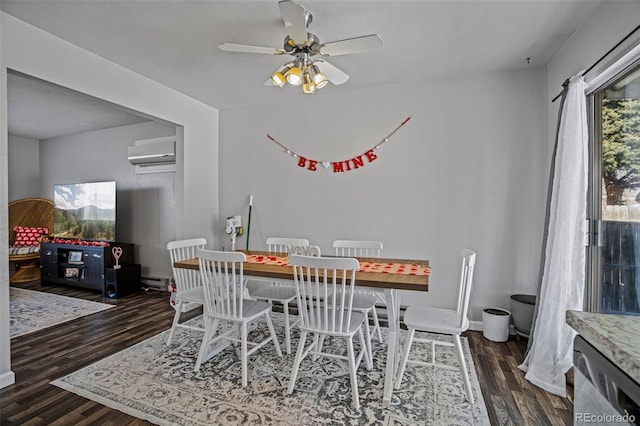 dining room featuring ceiling fan, a wall mounted air conditioner, dark hardwood / wood-style floors, and a baseboard heating unit