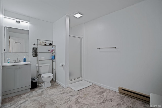 bathroom with a shower with door, a baseboard radiator, vanity, and toilet