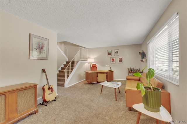 387 Upham St, Lakewood, CO 80226 - living area featuring a textured ceiling, stairway, carpet, and baseboards