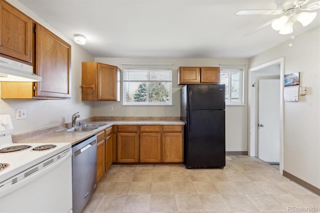 kitchen with white range with electric cooktop, a healthy amount of sunlight, black fridge, and stainless steel dishwasher