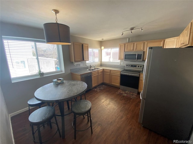 kitchen with baseboards, stainless steel appliances, a sink, pendant lighting, and dark wood-style floors