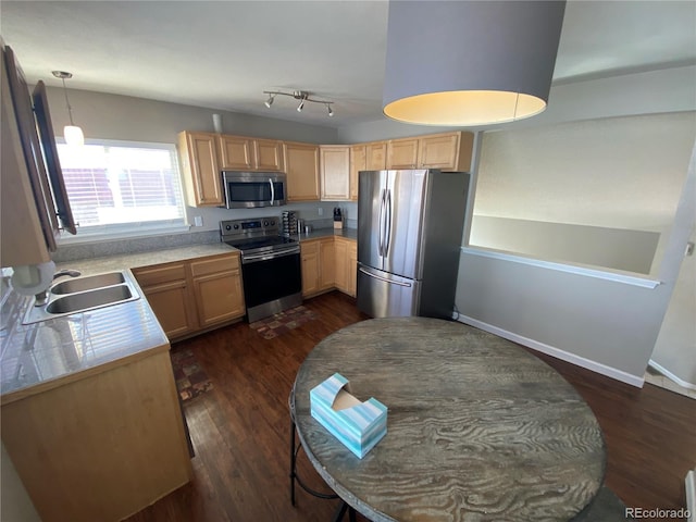 kitchen with light brown cabinetry, baseboards, dark wood finished floors, a sink, and appliances with stainless steel finishes