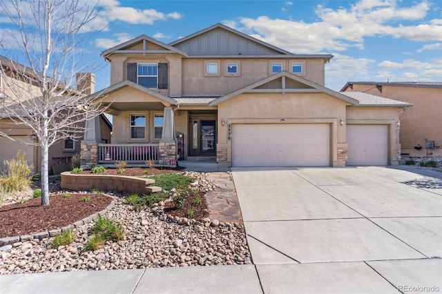 craftsman house featuring stucco siding, covered porch, concrete driveway, and stone siding