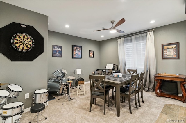 carpeted dining area with a ceiling fan, recessed lighting, and baseboards
