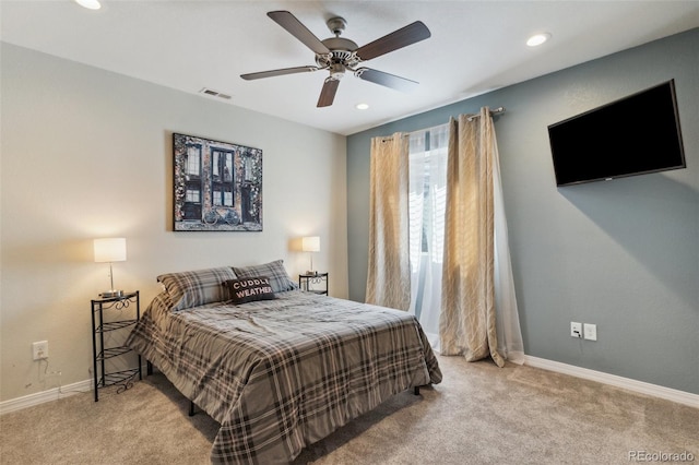 bedroom with carpet flooring, baseboards, recessed lighting, and a ceiling fan
