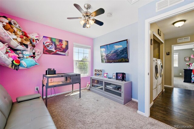 5552 Odessa St, Denver, CO 80249 - sitting room featuring washer and clothes dryer, carpet flooring, baseboards, and ceiling fan