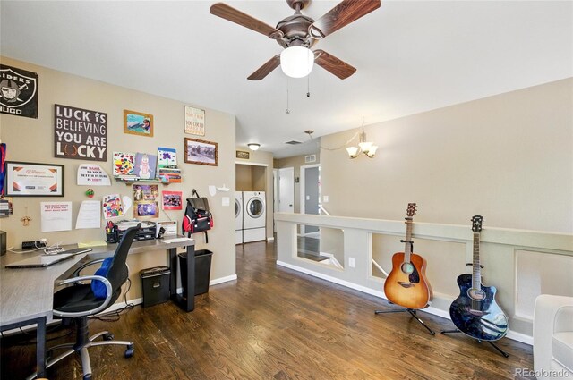 5552 Odessa St, Denver, CO 80249 - office space featuring washer and clothes dryer, a ceiling fan, wood finished floors, a chandelier, and baseboards