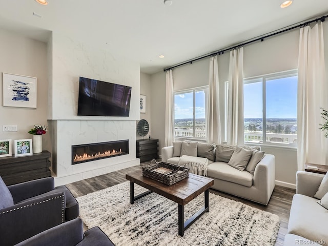 living area with a premium fireplace, recessed lighting, and wood finished floors
