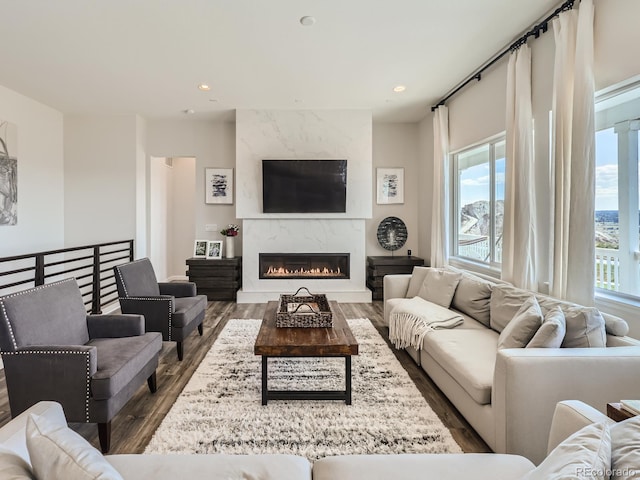 living area featuring a premium fireplace, recessed lighting, and wood finished floors