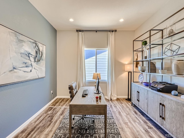 office area with baseboards, recessed lighting, and light wood-style flooring