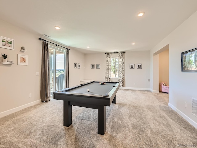 recreation room with recessed lighting, billiards, baseboards, and light carpet