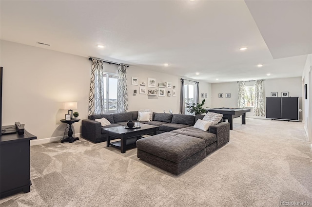 14440 Hop Clover Trl, Parker, CO 80134 - living room featuring light colored carpet, pool table, recessed lighting, plenty of natural light, and baseboards