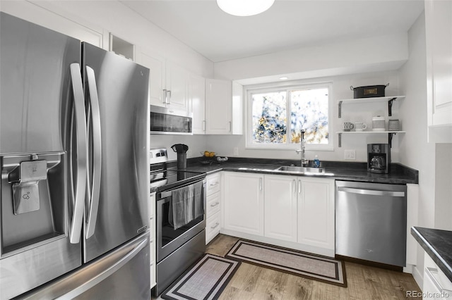 kitchen with stainless steel appliances, dark countertops, white cabinets, and a sink