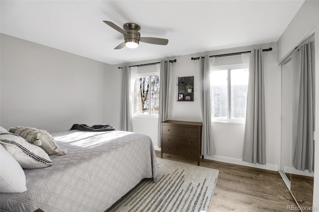 bedroom with baseboards, multiple windows, a ceiling fan, and wood finished floors