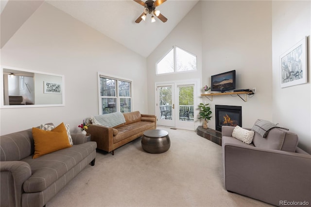218 Highland Ter, Breckenridge, CO 80424 - carpeted living area featuring high vaulted ceiling, ceiling fan, and a glass covered fireplace