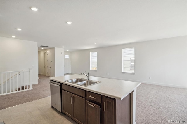 9314 Biscay St, Commerce City, CO 80022 - kitchen with a sink, recessed lighting, dishwasher, light carpet, and open floor plan