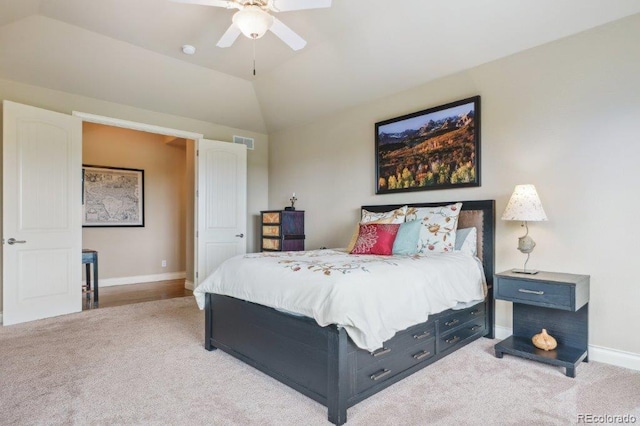 4651 Sonado Pl, Parker, CO 80134 - bedroom featuring light carpet, lofted ceiling, and a ceiling fan