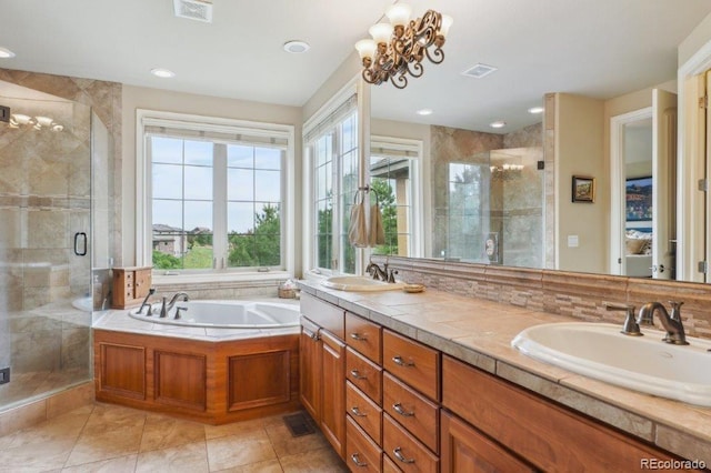 4651 Sonado Pl, Parker, CO 80134 - full bath featuring a shower stall, a bath, double vanity, and tile patterned floors