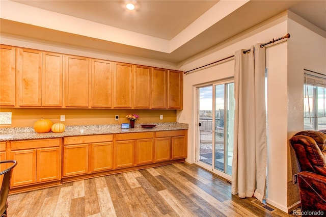 kitchen featuring light hardwood / wood-style flooring, light stone counters, and a tray ceiling