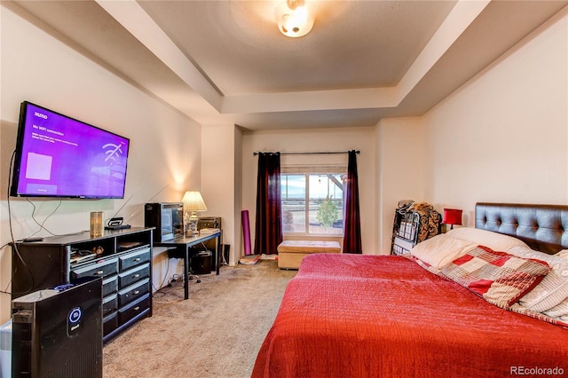 carpeted bedroom featuring a raised ceiling