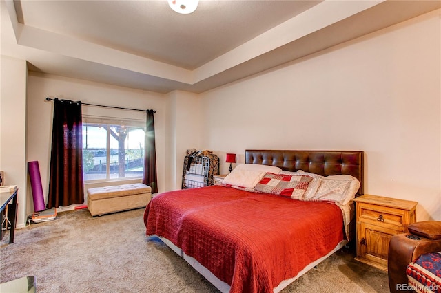 carpeted bedroom with a tray ceiling