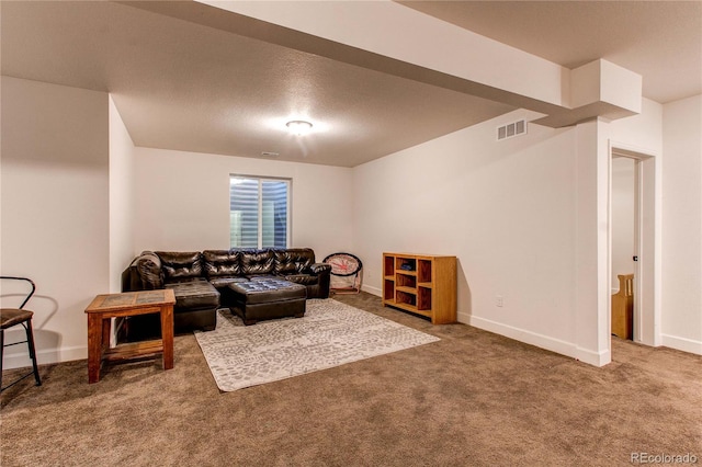 carpeted living room with a textured ceiling