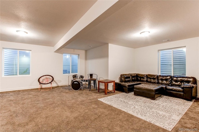 living room with a textured ceiling, carpet floors, and a wealth of natural light