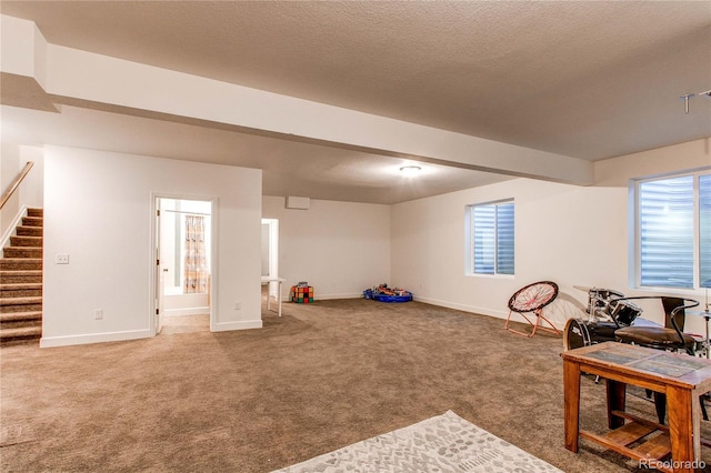 recreation room with a textured ceiling and carpet floors