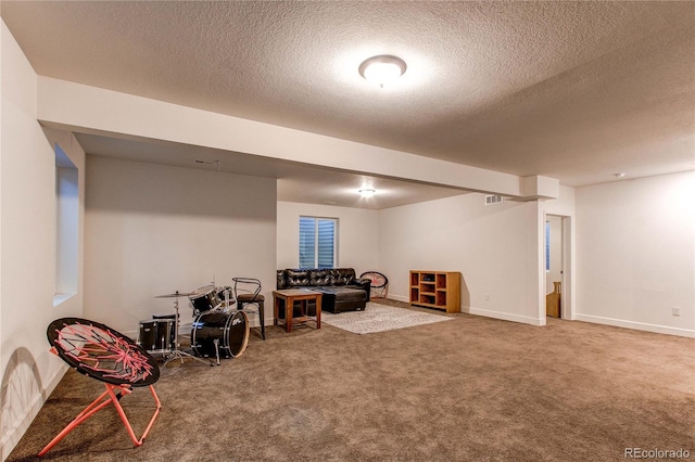 sitting room with a textured ceiling and carpet flooring