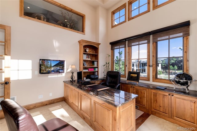 office with light carpet and a high ceiling