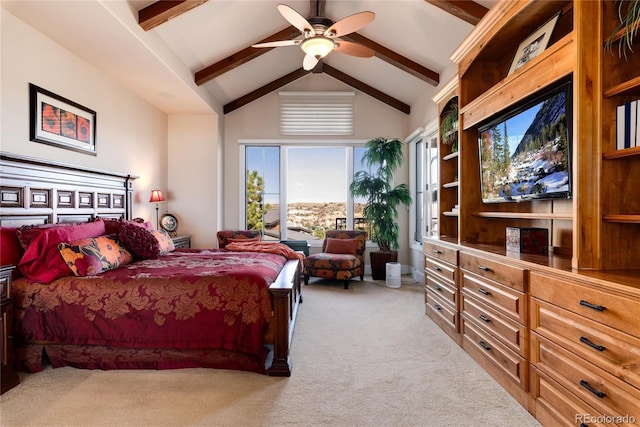 carpeted bedroom with ceiling fan, beam ceiling, and high vaulted ceiling