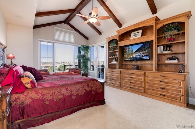 bedroom with high vaulted ceiling, beamed ceiling, carpet flooring, access to exterior, and ceiling fan