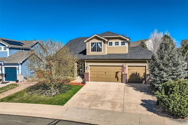 7378 Geode Ct, Castle Rock, CO 80108 - view of front of house featuring brick siding, concrete driveway, a shingled roof, and a garage