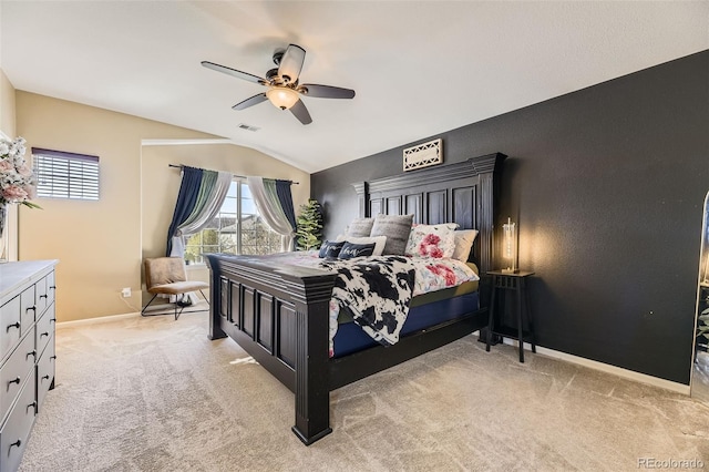 7378 Geode Ct, Castle Rock, CO 80108 - bedroom with light colored carpet, vaulted ceiling, baseboards, and a ceiling fan