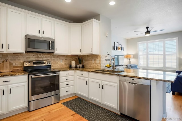 8427 E 35th Ave, Denver, CO 80238 - kitchen with appliances with stainless steel finishes, a sink, a peninsula, light wood-style floors, and recessed lighting