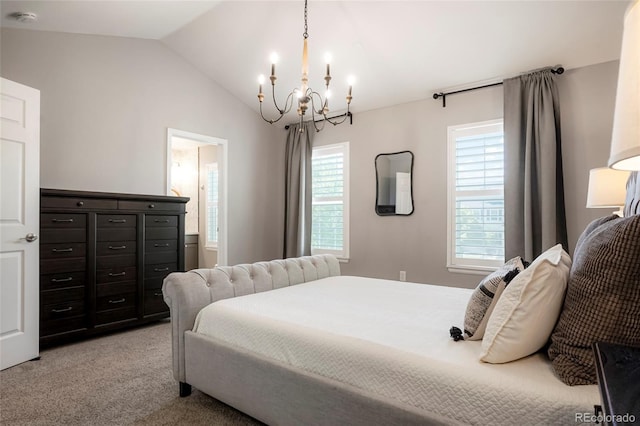 8427 E 35th Ave, Denver, CO 80238 - bedroom with a chandelier, vaulted ceiling, and light colored carpet
