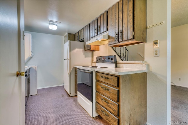 3351 S Field St Unit 191, Lakewood, CO 80227 - kitchen with electric range, under cabinet range hood, light carpet, and light countertops